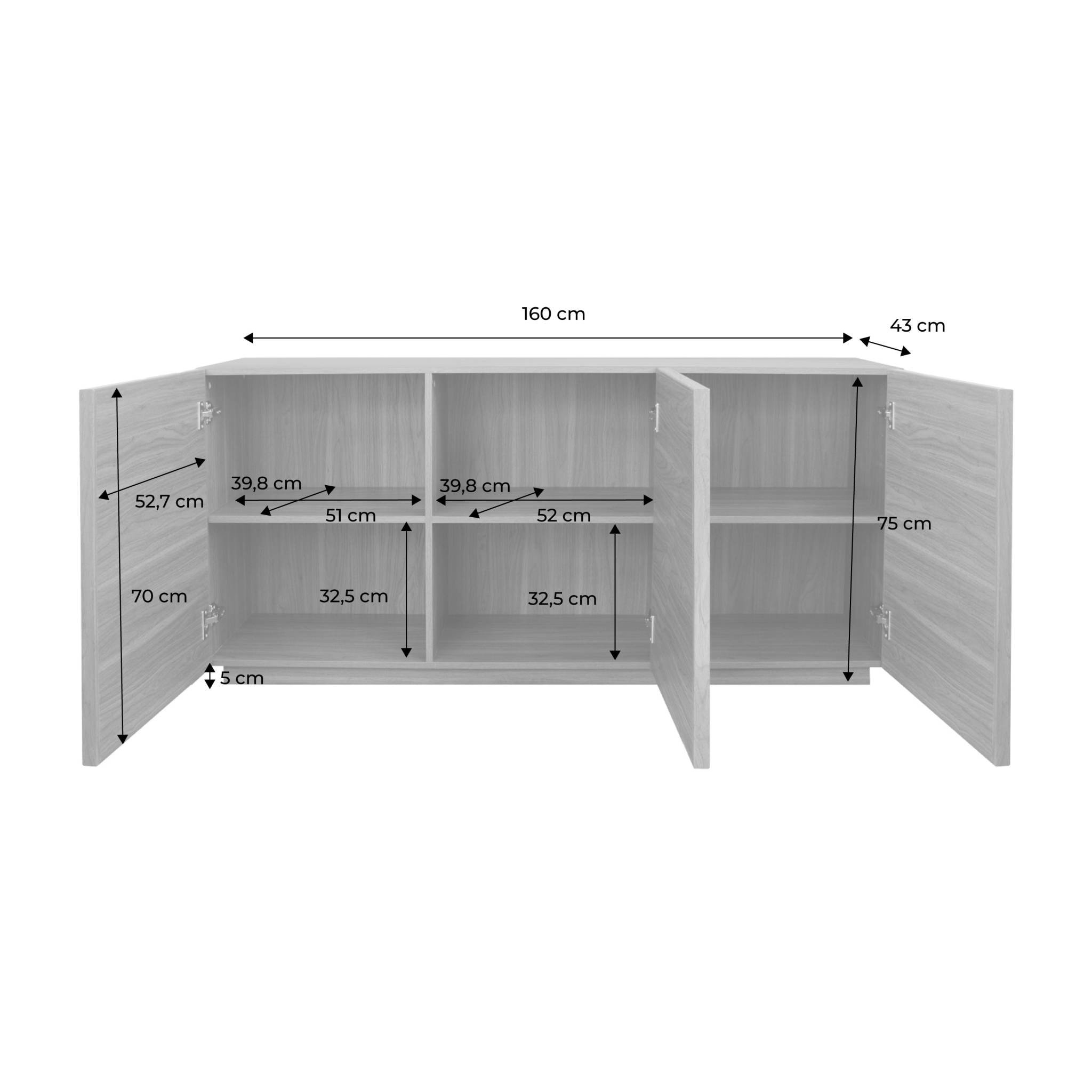 Buffet effet bois 3 portes naturel L 160 x P 43 x H 75cm - Kuba