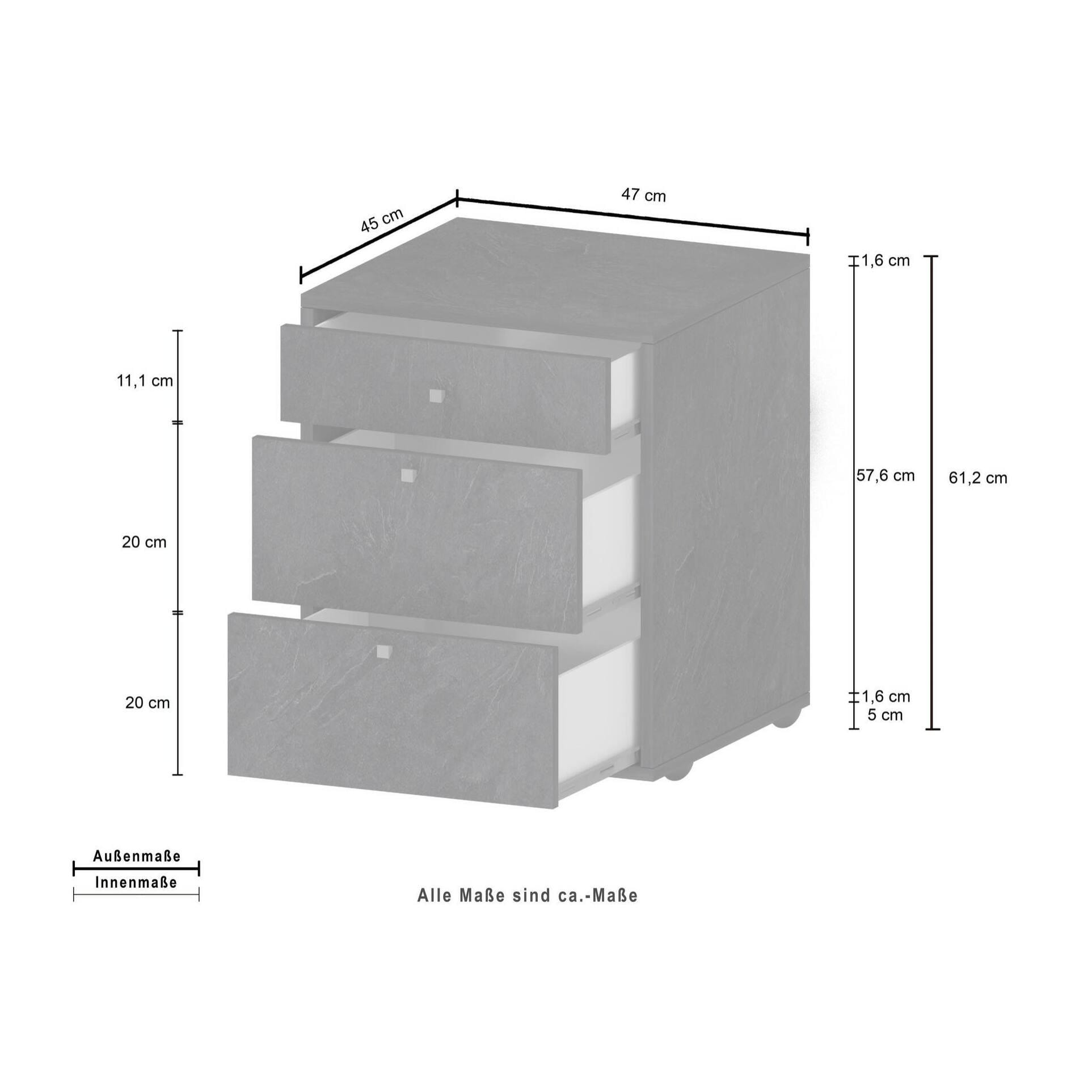 Cassettiera Ddariv, Cassettiera camera da letto , Settimino con 3 cassetti, 47x45h61 cm, Ardesia