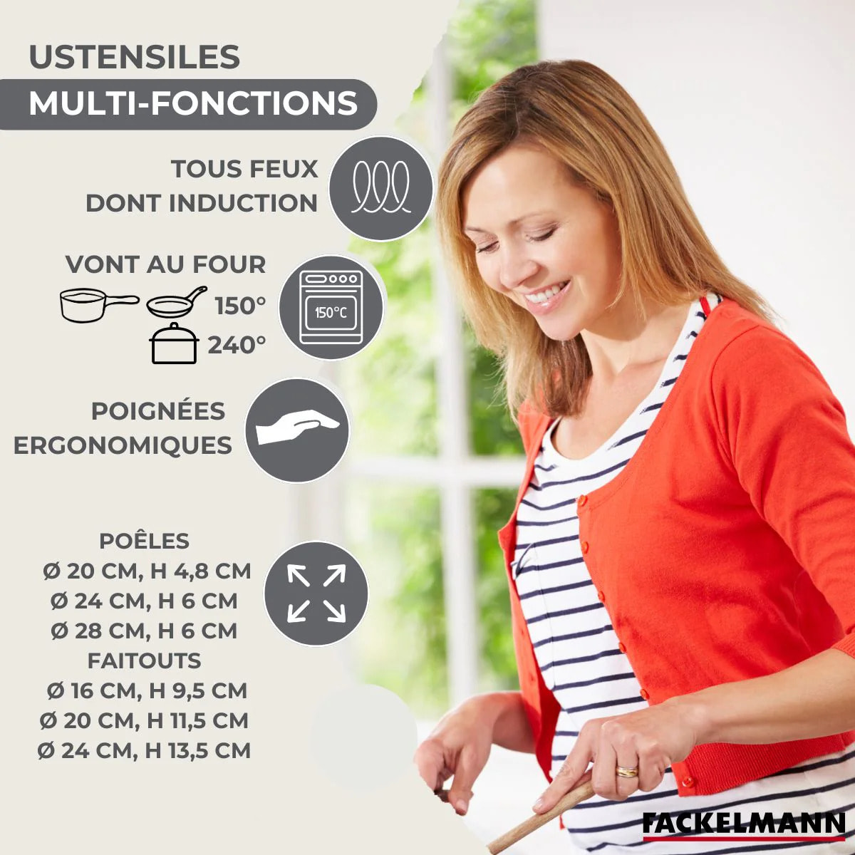 Set 3 poêles 20 24 28 cm, 3 faitouts 16, 20 et 24 cm en inox et 6 ustensiles inox Fackelmann Geneva