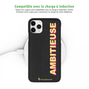 Coque iPhone 11 Pro effet cuir grainé noir Ambitieuse jaune et fushia Design La Coque Francaise