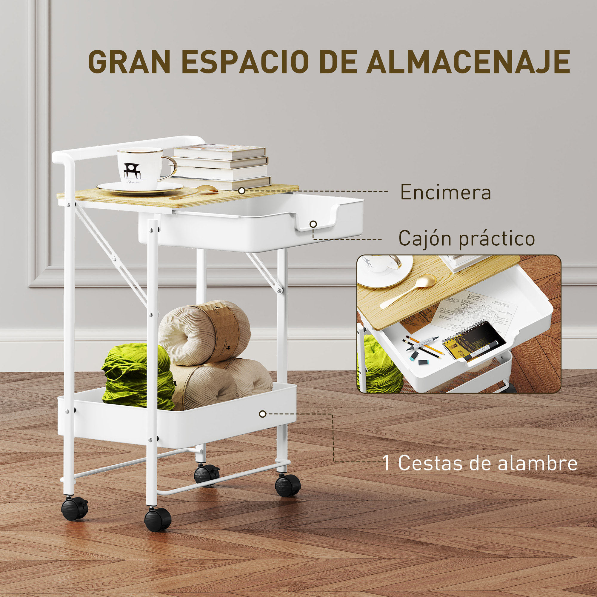 Carrito Auxiliar con Ruedas de 2 Niveles Carro de Cocina Estrecho con 1 Cajón y 1 Cesta Carrito Organizador para Dormitorio Salón Oficina Blanco