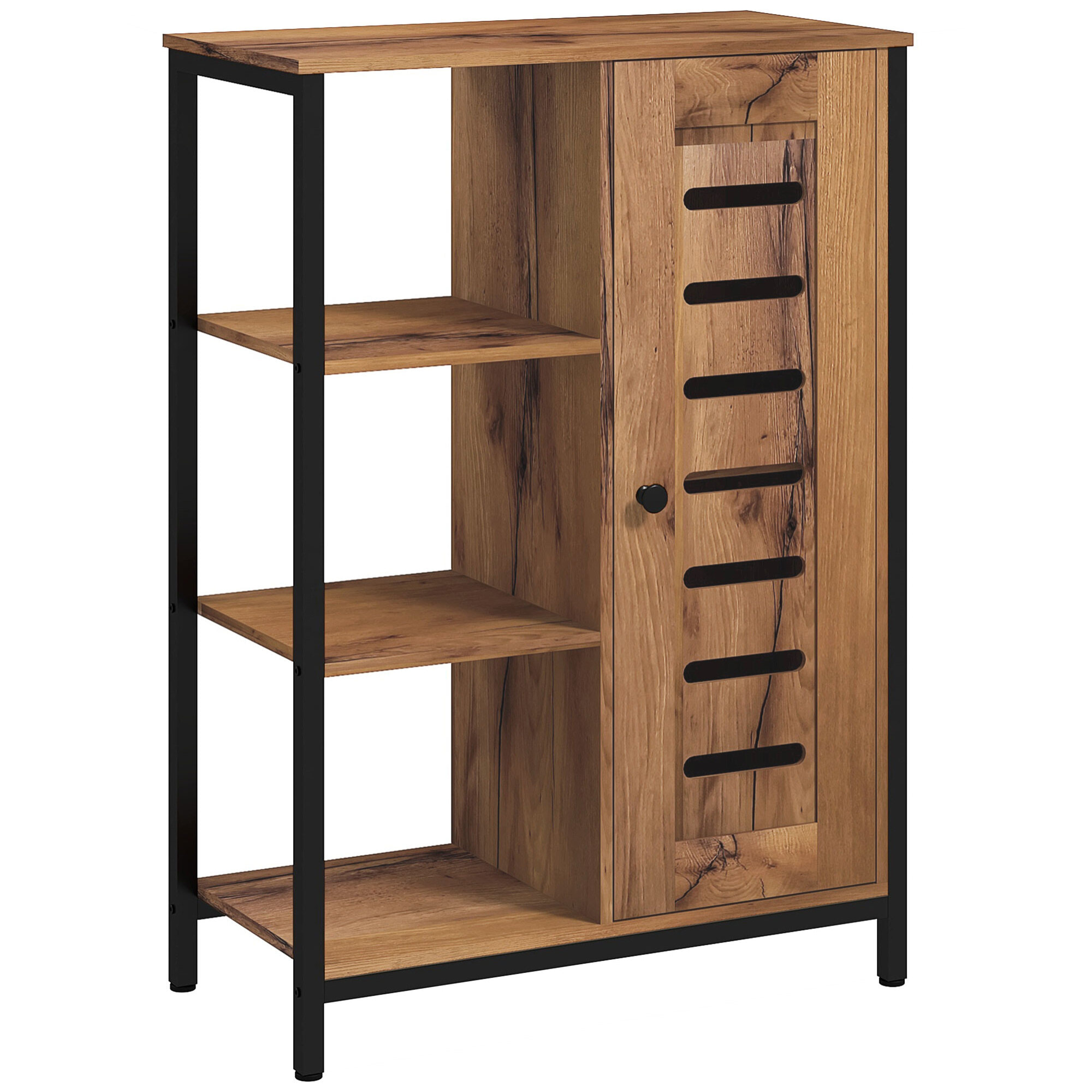 Armario de Baño Estrecho, Columna de Baño con Puerta de Lamas y 3 Compartimentos Abiertos, Estante Ajustable, para Salón, Dormitorio, Entrada, 60x30x85 cm, Marrón Rústico