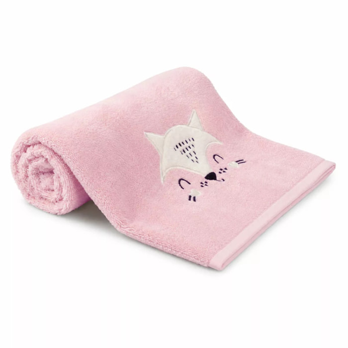 Drap de douche enfant pur coton 500 g/m² brodé rose Petite renarde rose