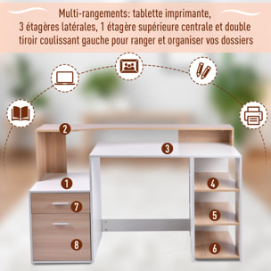 HOMCOM Bureau Informatique multimédia Design Multi-rangements 137 L x 55 l x 92 H cm chêne Blanc