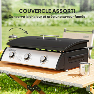 Plancha gaz avec couvercle - 3 brûleurs total 7,5 kW - surface cuisson 61 x 35,5 cm - détendeur tuyau inclus