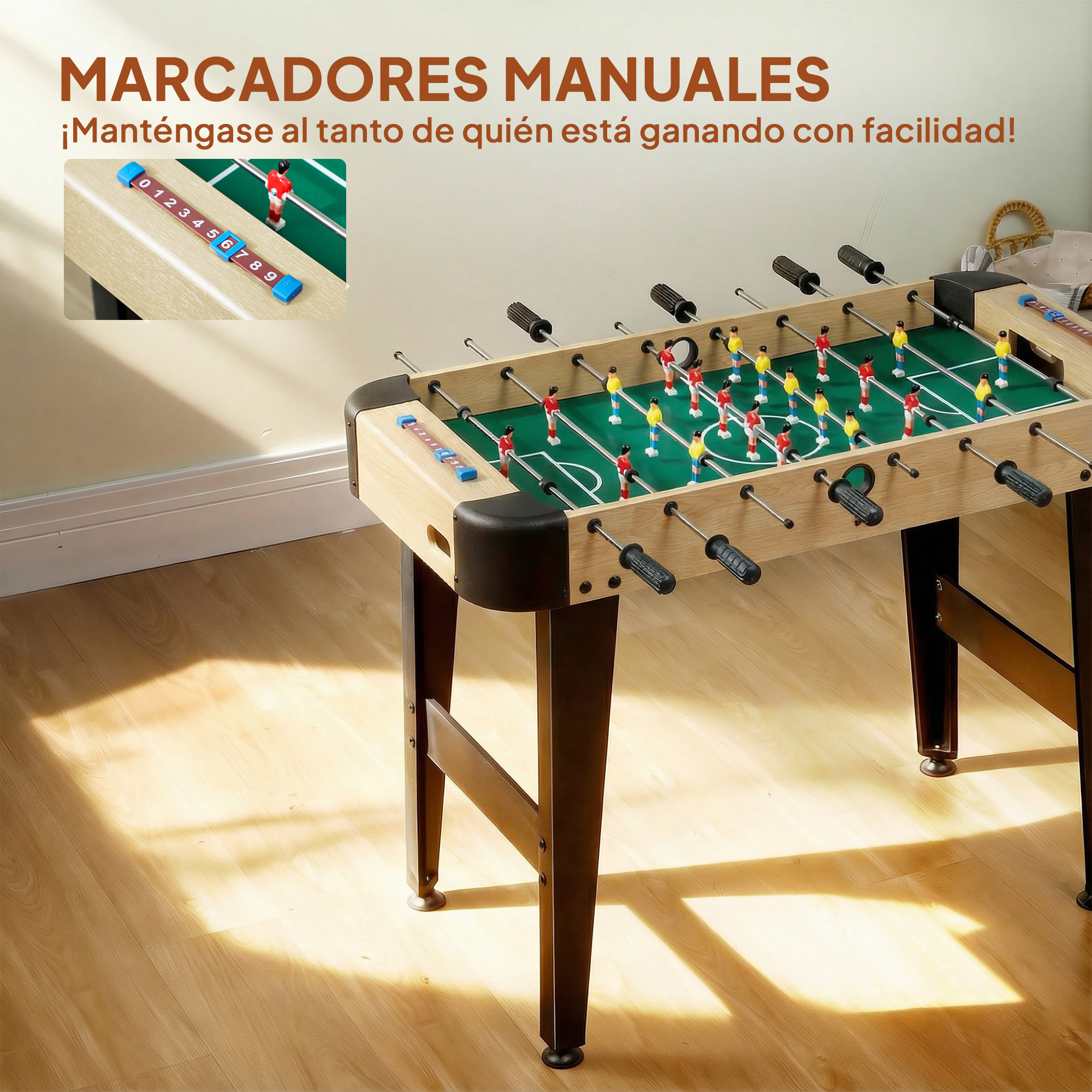 Futbolín para Niños de Madera, Mesa de Futbolín con 2 Marcadores, 8 Asas, 22 Jugadores, 8 Barras y 2 Bolas, Regalo para Adultos, Familias, Fiestas, 92x75x71 cm, Natural