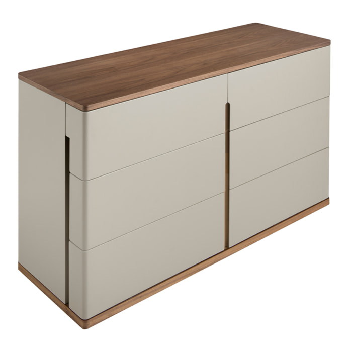Cómoda Angel Cerdá con estructura de madera de MDF en gris y una original base de madera chapada en nogal 135x48x76cm