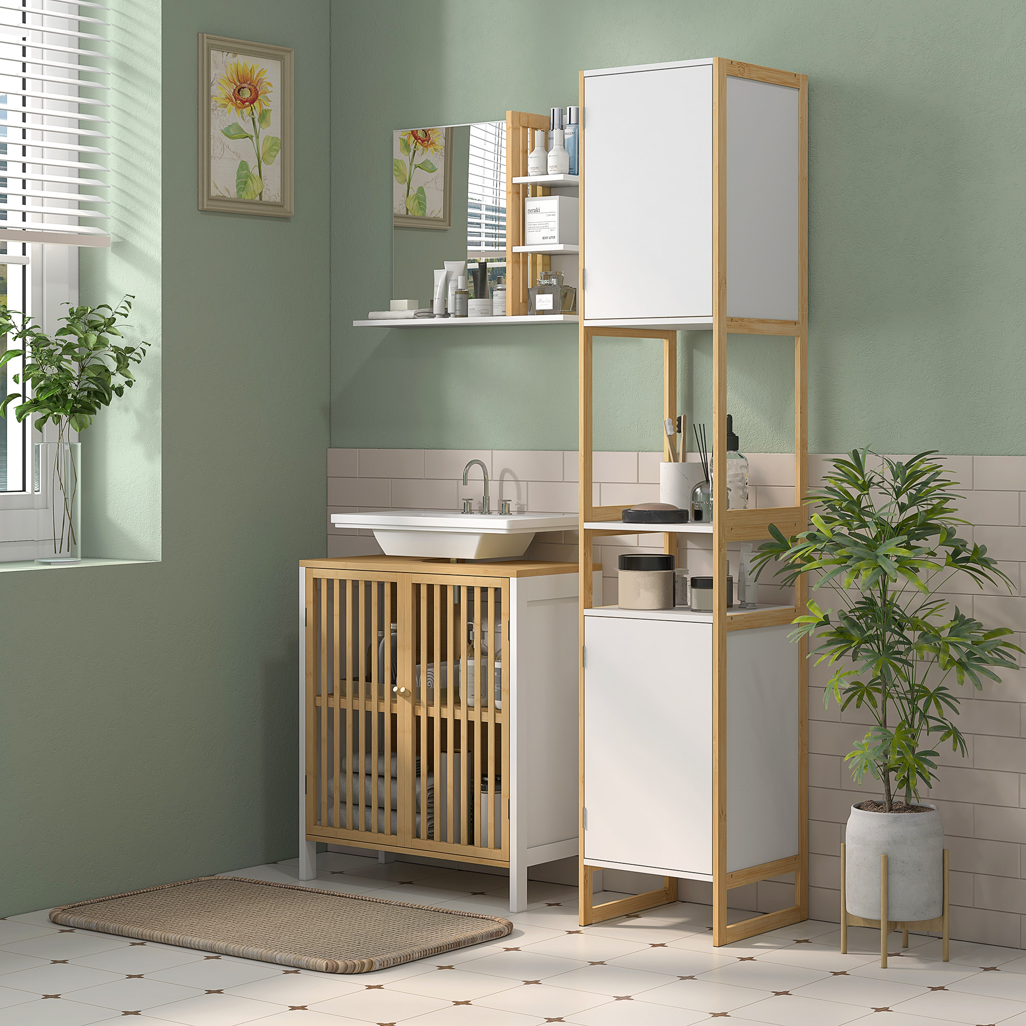 Meuble colonne salle de bain 2 niches 2 portes étagère dim. 33L x 33l x 170H cm bambou blanc