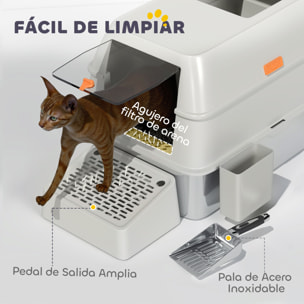 PawHut Arenero para Gatos Cubierto de Acero Inoxidable Caja de Arena para Gatos Arenero Cerrado para Gatos con Paso de Salida y Pala de Acero Inoxidable Gris Claro