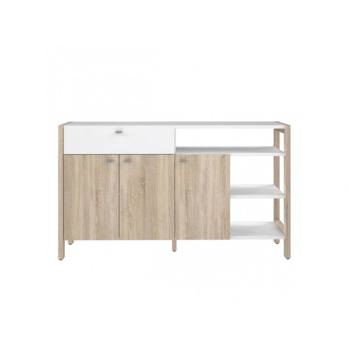 Buffet 3 portes 1 tiroir 3 étagères blanc en chêne clair - SCANDI