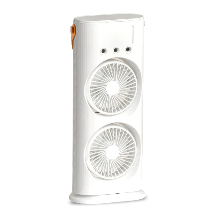 Ventilador de sobremesa F18. Con luz RGB de doble cabezal, función de nebulización, 3 velocidades, oscilación de 90° y batería recargable. Incluye control remoto.