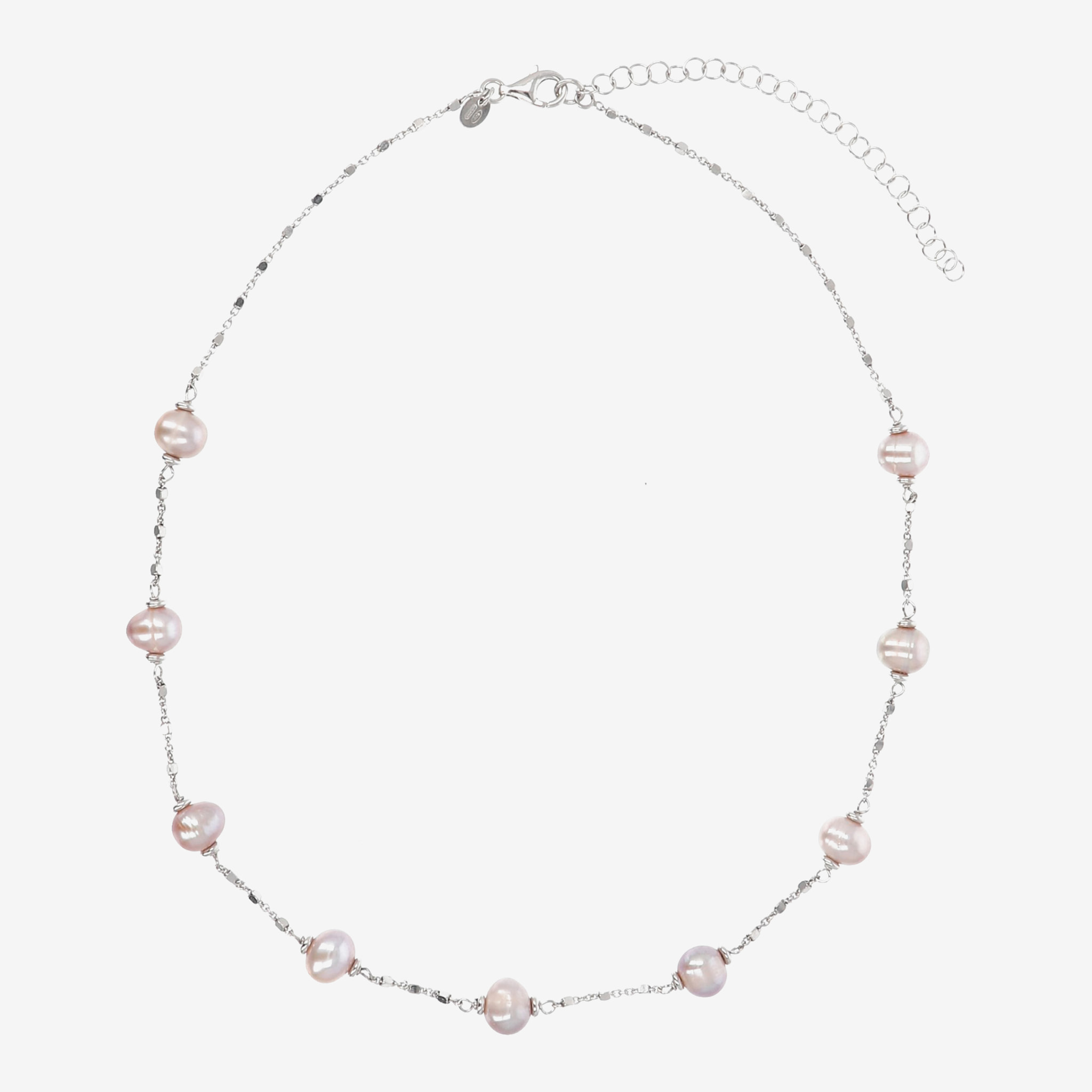 PERLAVIVA - Collana Catena a Cubetti in Argento 925 con Perle d'Acqua Dolce Rosa Ø 6/8 mm