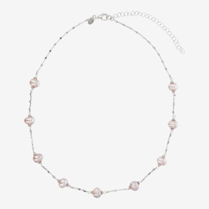 PERLAVIVA - Collana Catena a Cubetti in Argento 925 con Perle d'Acqua Dolce Rosa Ø 6/8 mm