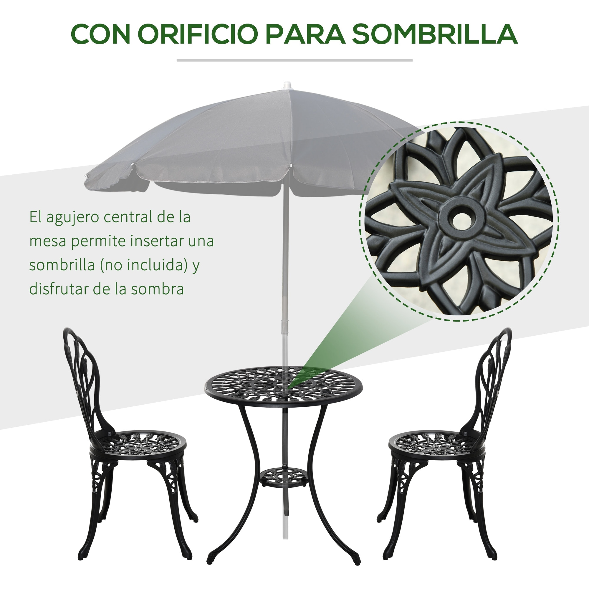 Conjunto de Mesa y Sillas de Terraza Exterior de 3 Piezas Muebles de Jardín de Aluminio con Respaldo con Patrón de Tulipán y Mesa con Orificio para Sombrilla Negro