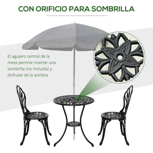 Conjunto de Mesa y Sillas de Terraza Exterior de 3 Piezas Muebles de Jardín de Aluminio con Respaldo con Patrón de Tulipán y Mesa con Orificio para Sombrilla Negro