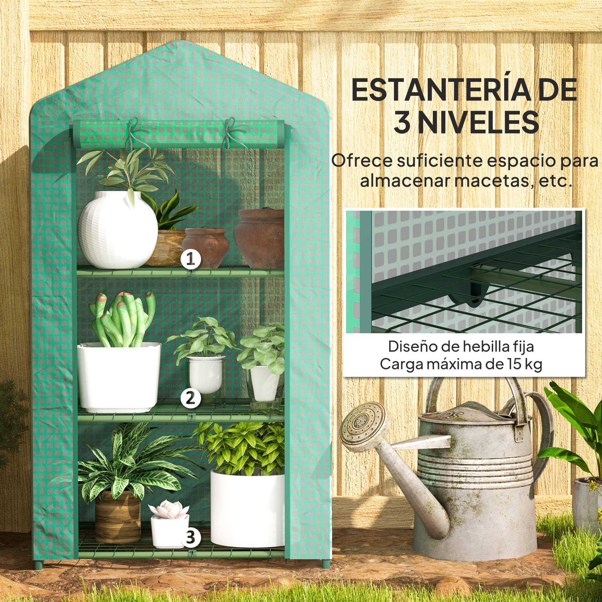 Invernadero de Jardín de 3 Niveles, Invernadero de Exterior con 3 Estantes, Puerta Enrollable, Marco de Metal, Cubierta de PE, Anti-UV, Impermeable, para Terraza, Patio, 69x49x125 cm, Verde