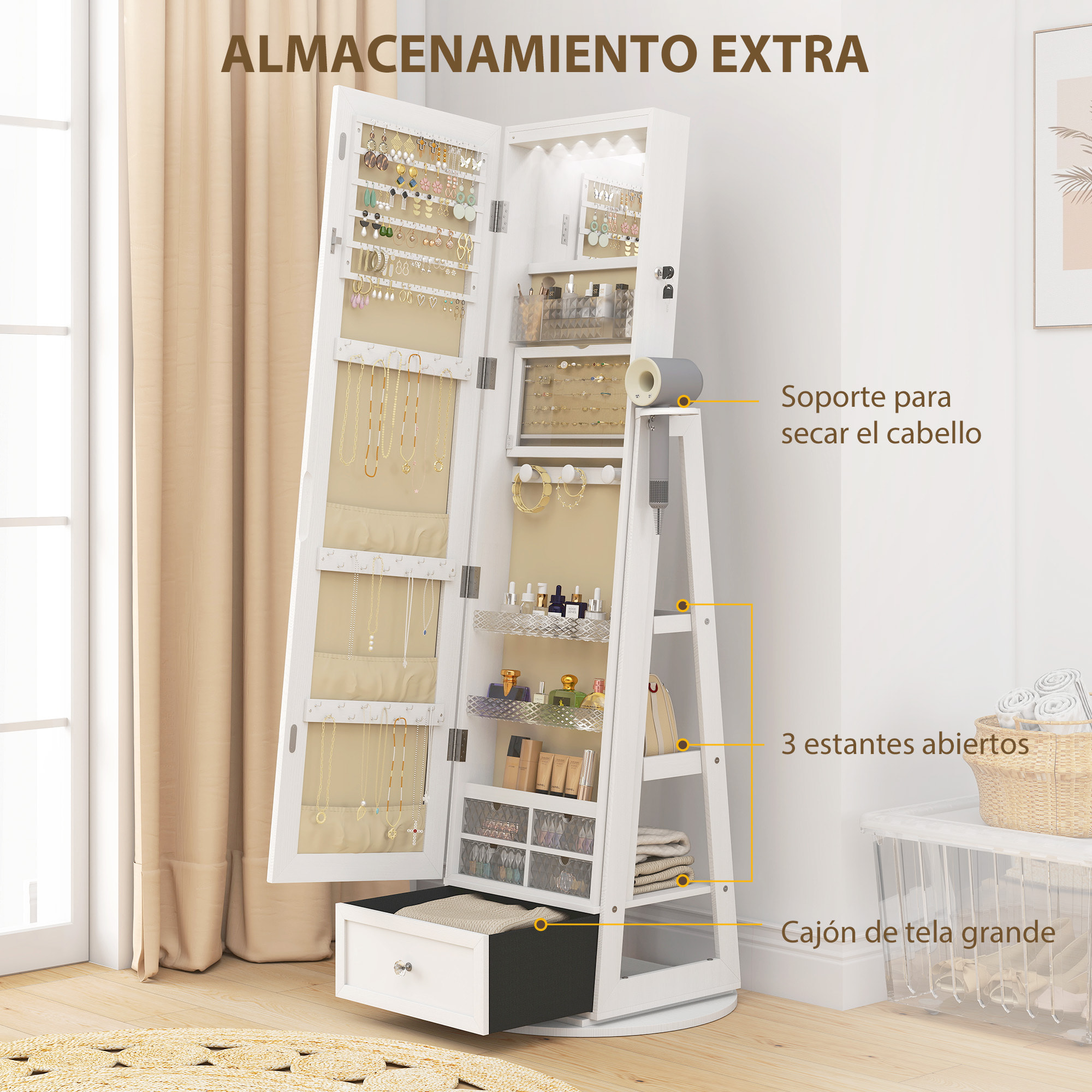 Espejo Joyero con Luces LED, Armario para Joyas, Armario Joyero con Espejo Entero, Giratorio de 360°, Cajón, Cerradura, Estantes Abiertos, Soporte para Secador, Blanco