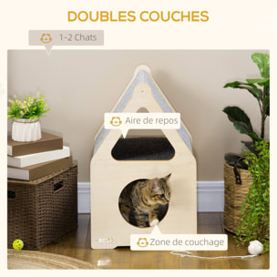 Maison pour chat design maisonnette - niche chat panier chat - 2 coussins amovibles, 2 niv. - panneaux aspect bois clair polyester gris