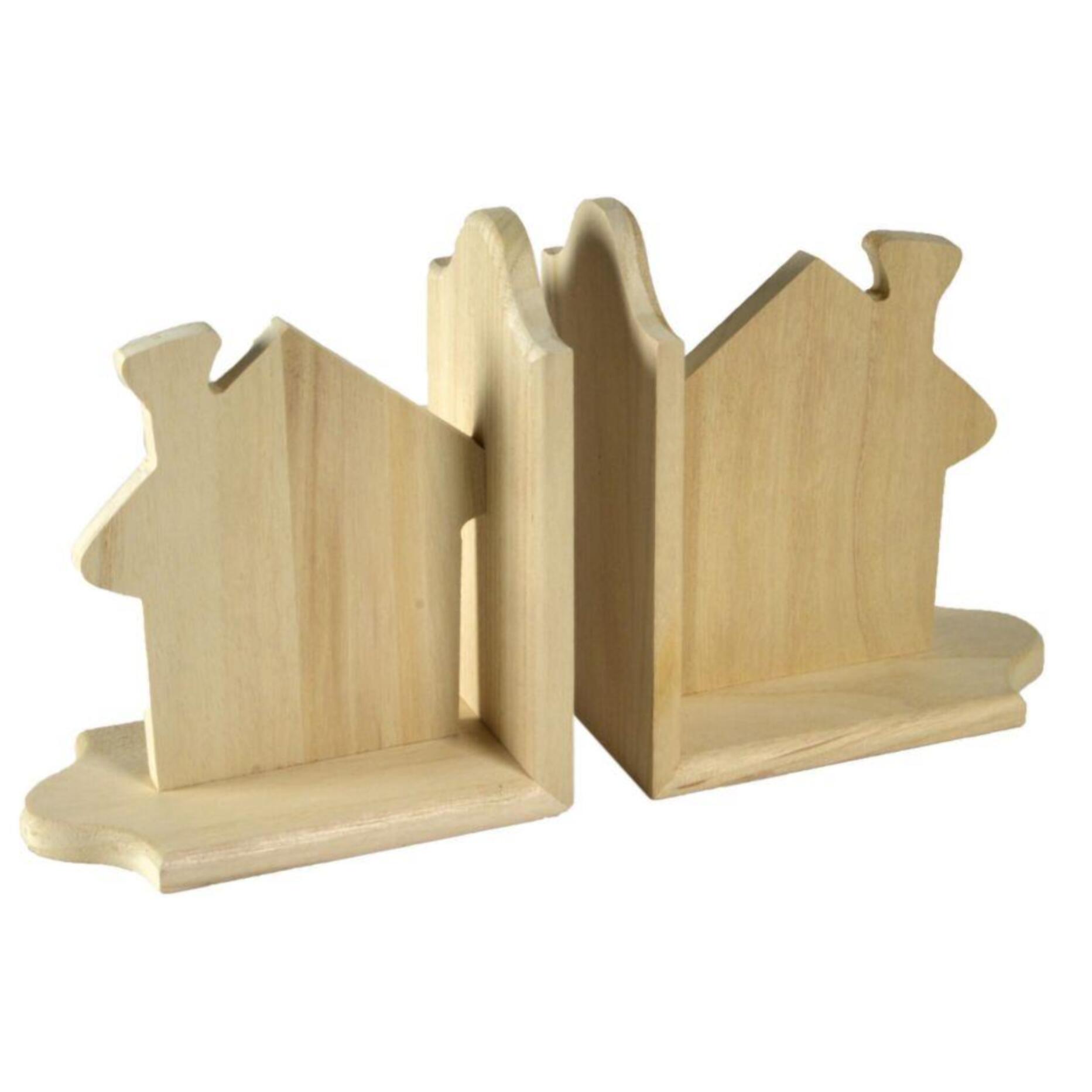 Coppia di reggilibri in legno con casa cm19x17x19