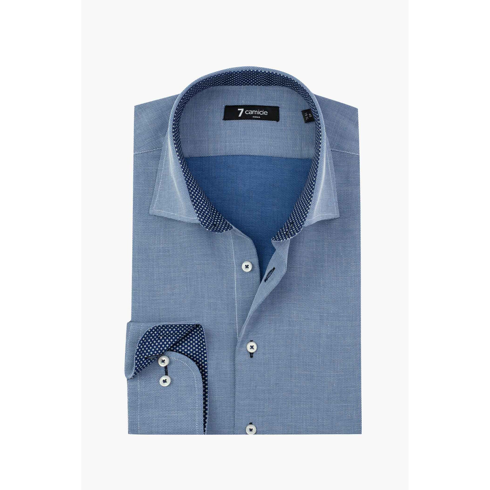 Camicia Uomo 1 Bottone Francese Slim Jacquard Fantasia Blu Inchiostro\Bianco