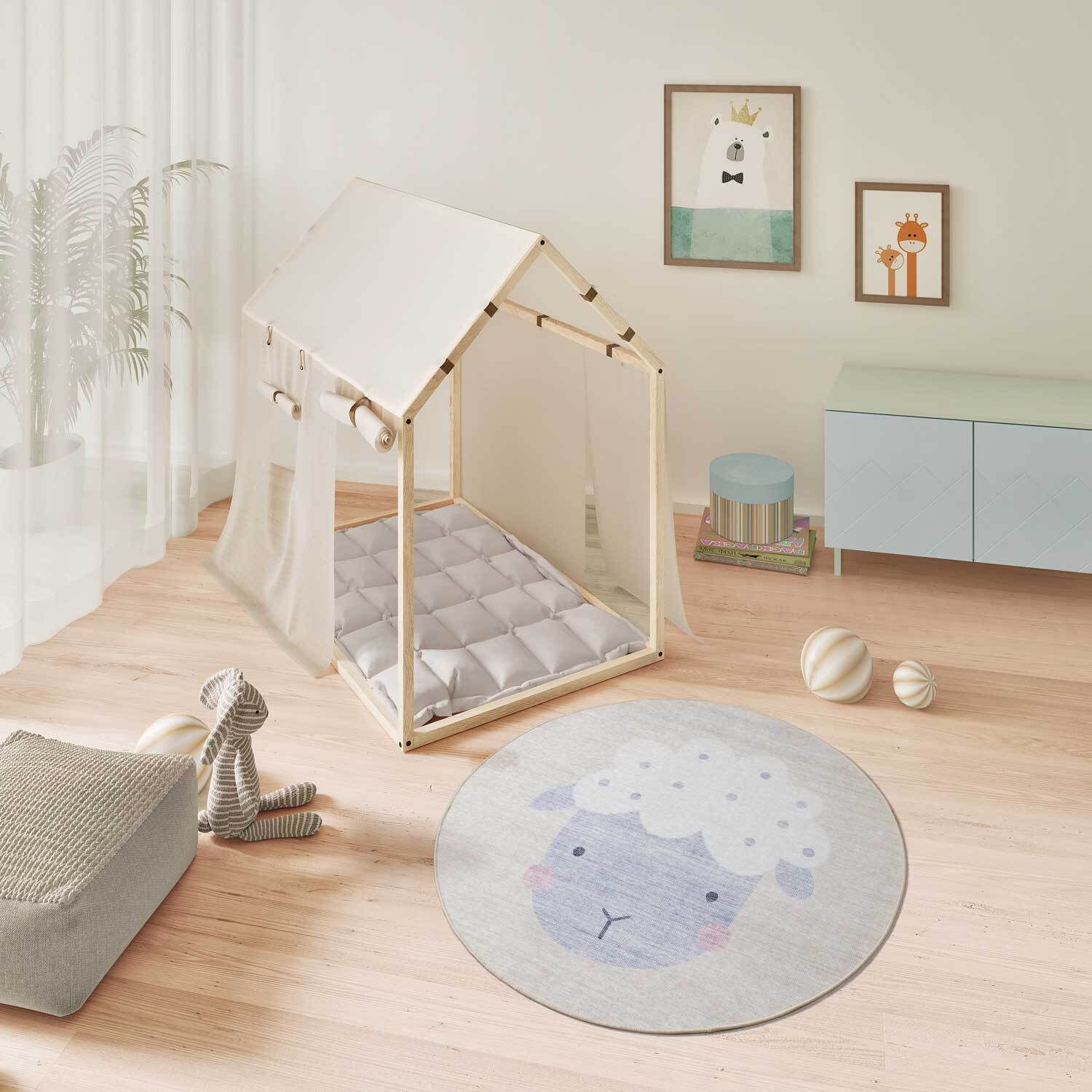 CANDY Alfombra redonda infantil lavable con oveja crema, 120Ø cm