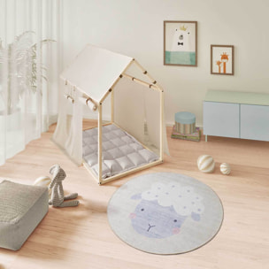 CANDY Alfombra redonda infantil lavable con oveja crema, 120Ø cm
