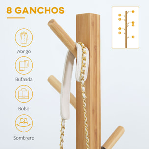 Perchero de Pie de Bambú, Perchero para Ropa con 8 Ganchos, Forma de Árbol, para Colgar Bolsas, Sombreros, en Pasillo, Entrada, Dormitorio, 49,5x49,5x178 cm, Natural
