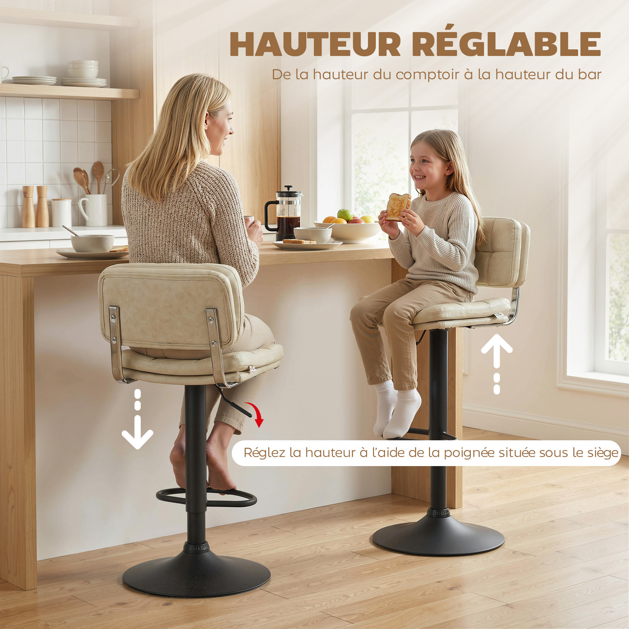 Lot de 2 tabourets de bar Vintage capitonné pivotant réglable beige effet vieilli