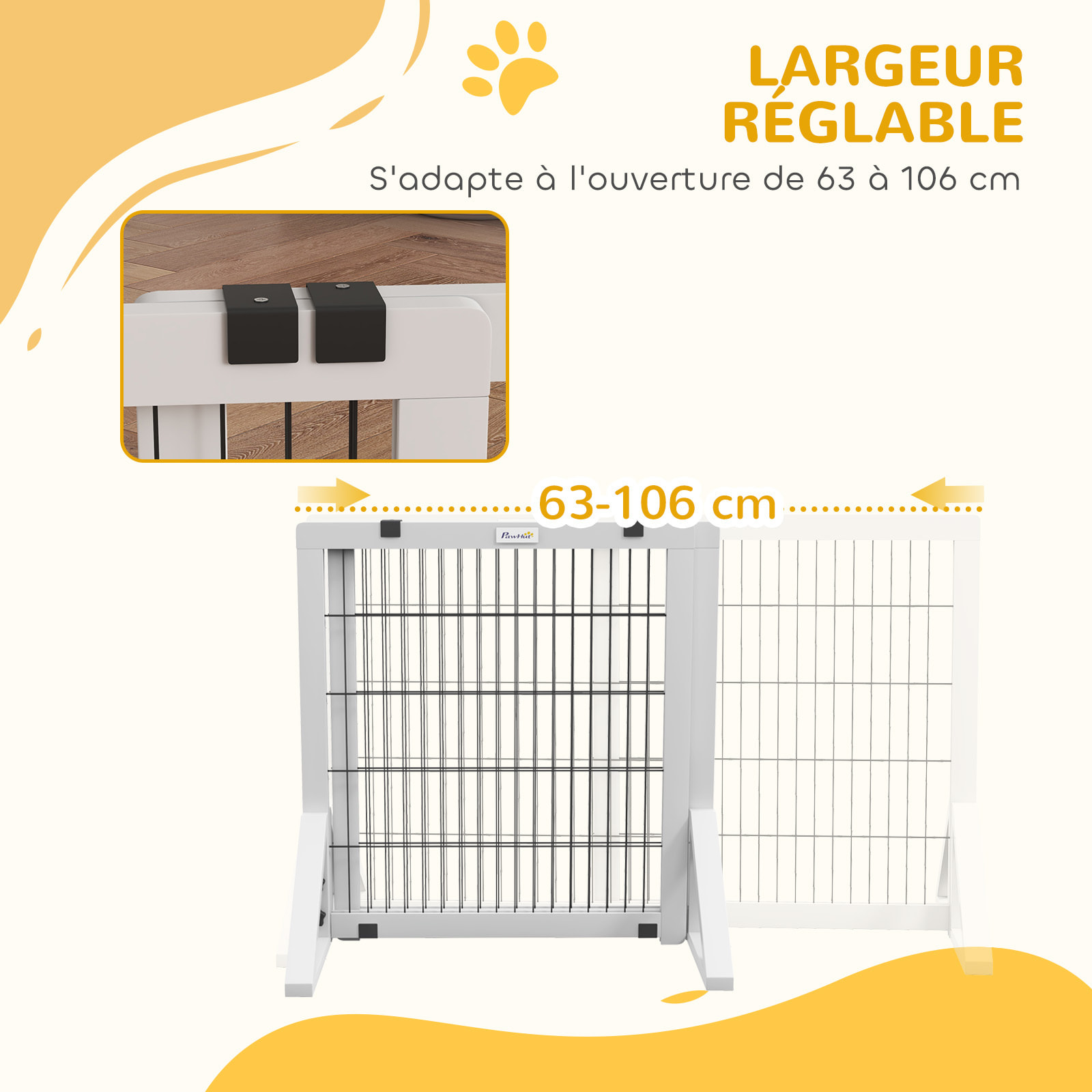 Barrière de sécurité pour chien, barrière de protection à 2 panneaux largeur réglable 63-106L x 44l x 67H cm, barrière pour escalier, porte, couloirs, en bois de pin et acier, blanc