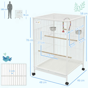 Jaula para Pájaros con Ruedas, Pajarera de Acero con Perchas, Columpio Bandeja Extraíble y Cuencos de Acero Inoxidable, Jaula Grande para Loros, Canario, Periquito, 48x46x78 cm, Blanco