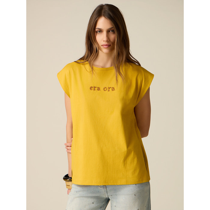 Oltre - T-shirt con ricamo lettering - Giallo