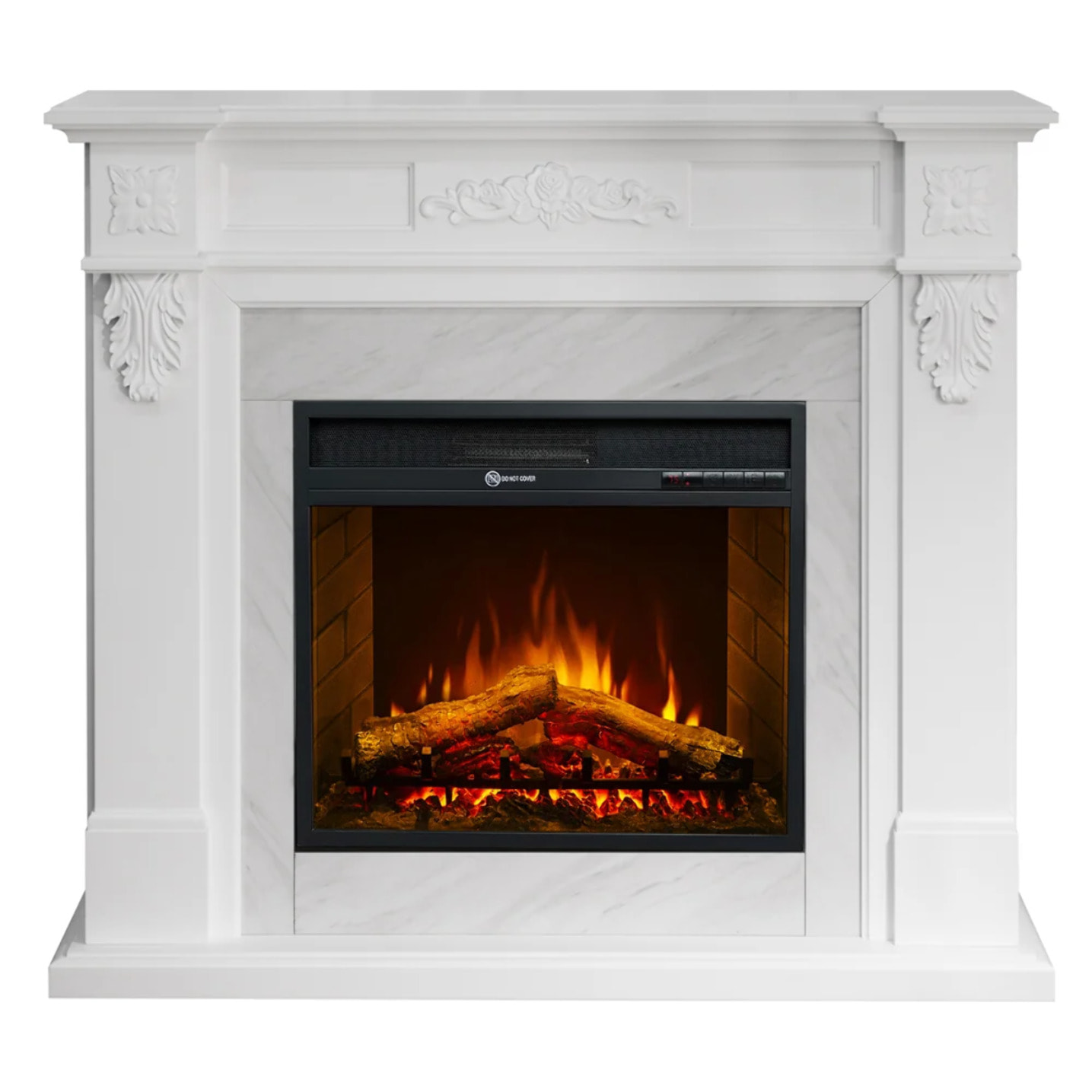 Truman - Camino Elettrico da Terra Effetto Fiamma 121x108x38 cm in Legno Effetto Marmo Bianco