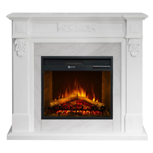 Truman - Camino Elettrico da Terra Effetto Fiamma 121x108x38 cm in Legno Effetto Marmo Bianco