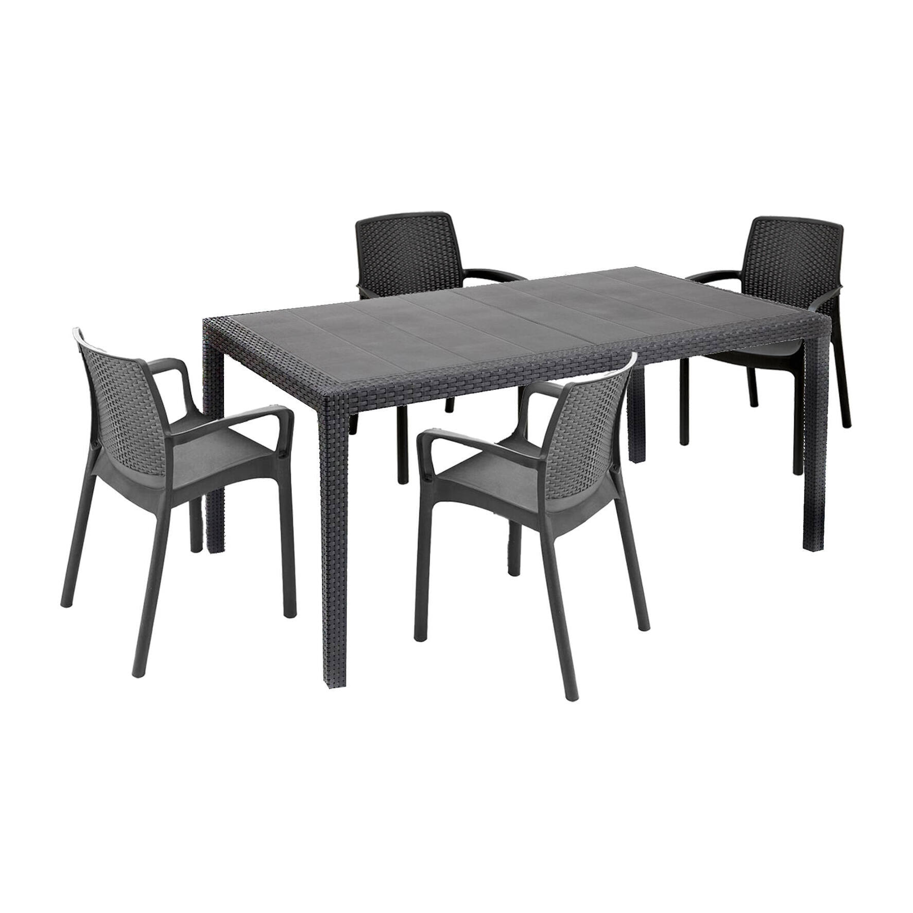Set salotto da esterno Lograto, Salottino outdoor e indoor, Tavolo rettangolare fisso con 4 sedie impilabili, Made in Italy, Antracite