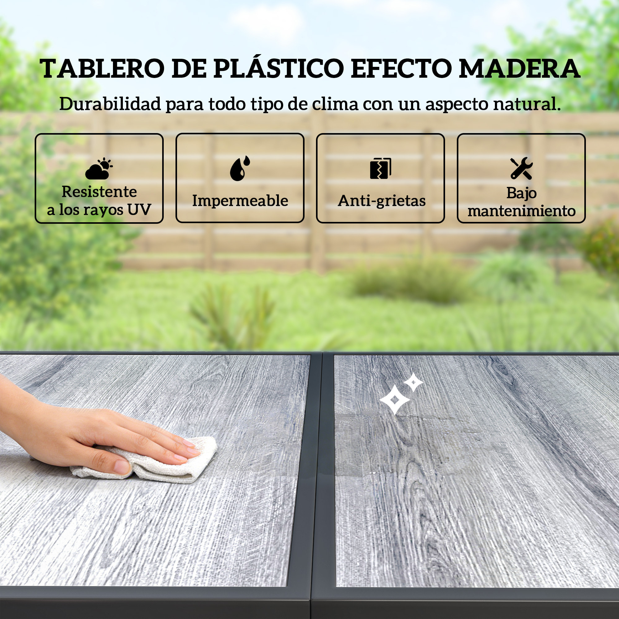 Conjunto de Mesa y Sillas Jardín de 7 Piezas, Muebles de Jardín Exterior con Mesa de Efecto Madera y 6 Sillas con Asiento Transpirable, Marco de Acero Galvanizado, para Terraza, Patio, Caqui