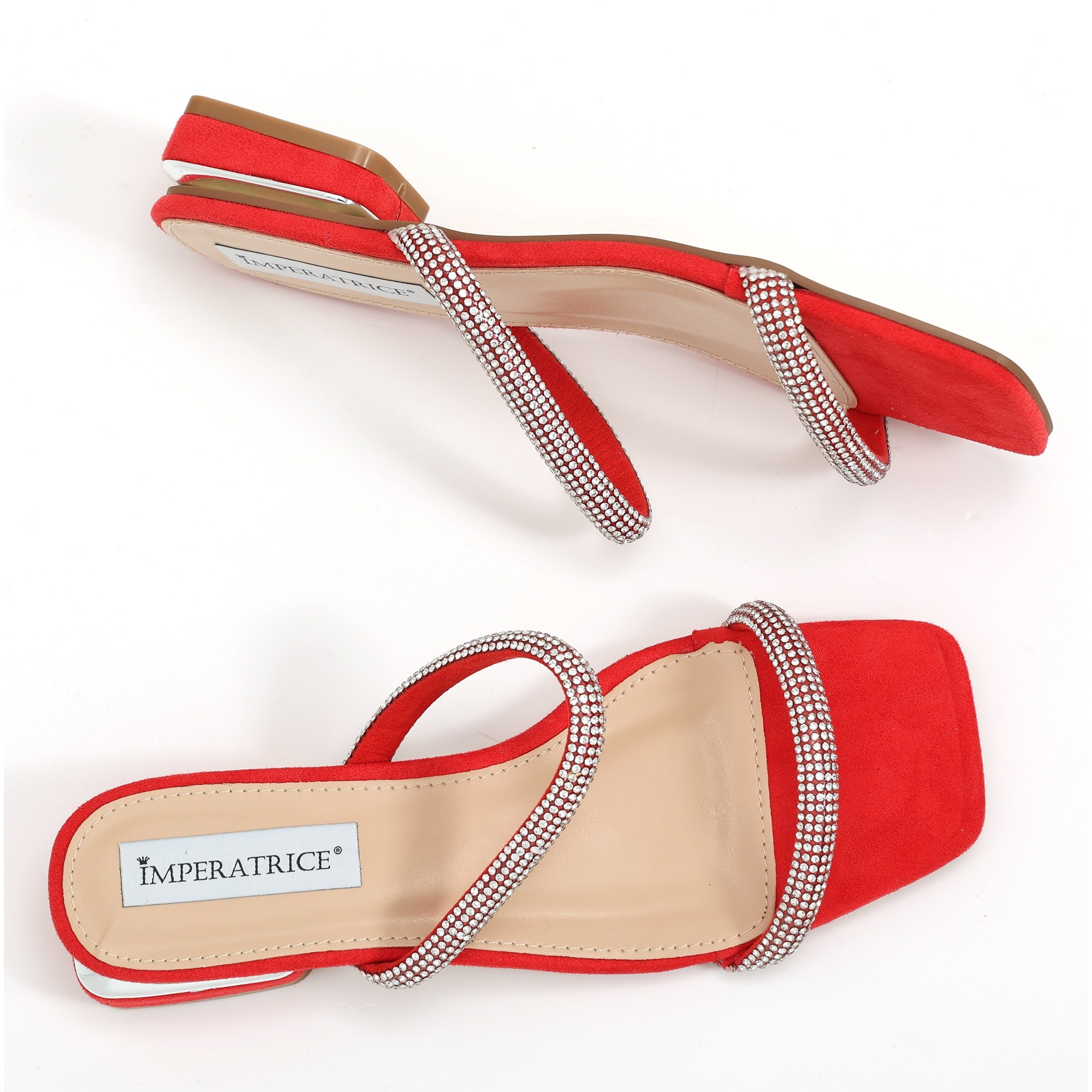 Sandali bassi in simil camoscio con fasce ricoperte di strass