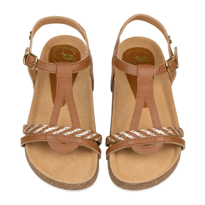 Sandalia Bios Piel Natural. hebilla/Trenza