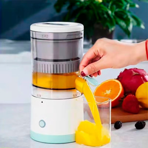 Exprimidor doméstico de naranjas recargable 7,4V / 45W con filtro de pulpa y una sola tecla de uso.