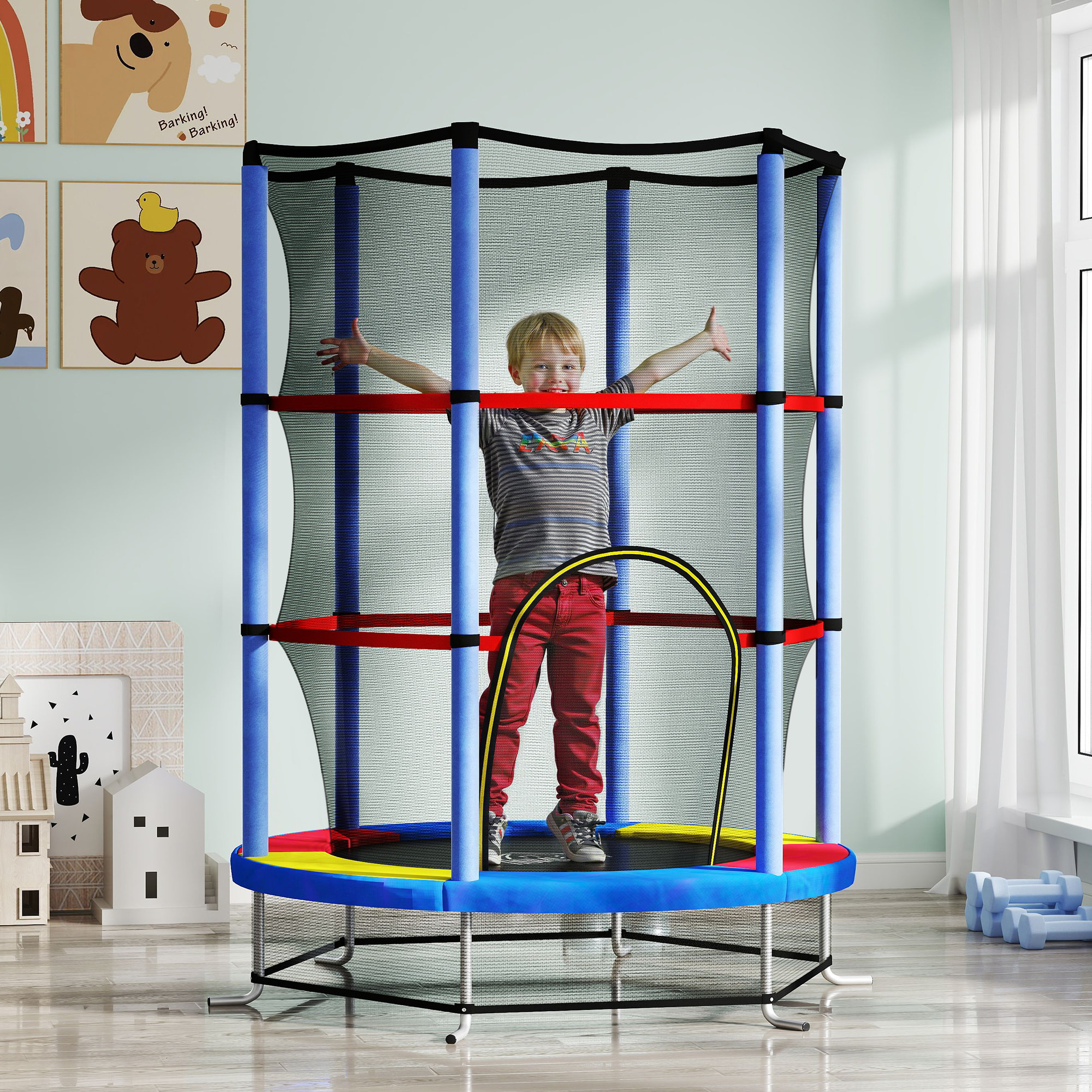 Cama Elástica Infantil Ø140x190 cm Trampolín para Niños de 3-6 Años con Red de Seguridad Carga 45 kg para Interior Multicolor