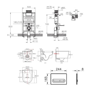 Bâti support 82cm + WC suspendu + Abattant softclose + Plaque noir (VUNI82SAT-6)