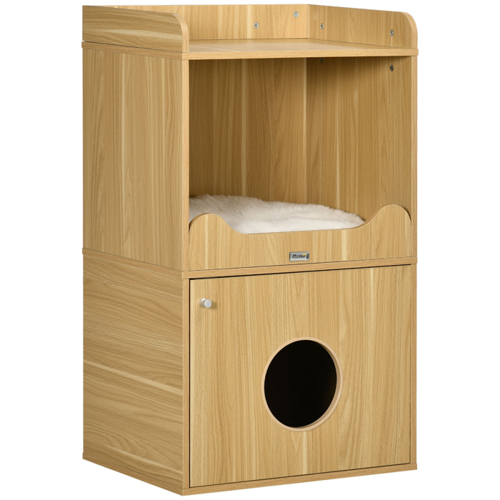 Maison de toilette chat - porte, niche avec coussin, plateau - panneaux aspect bois clair