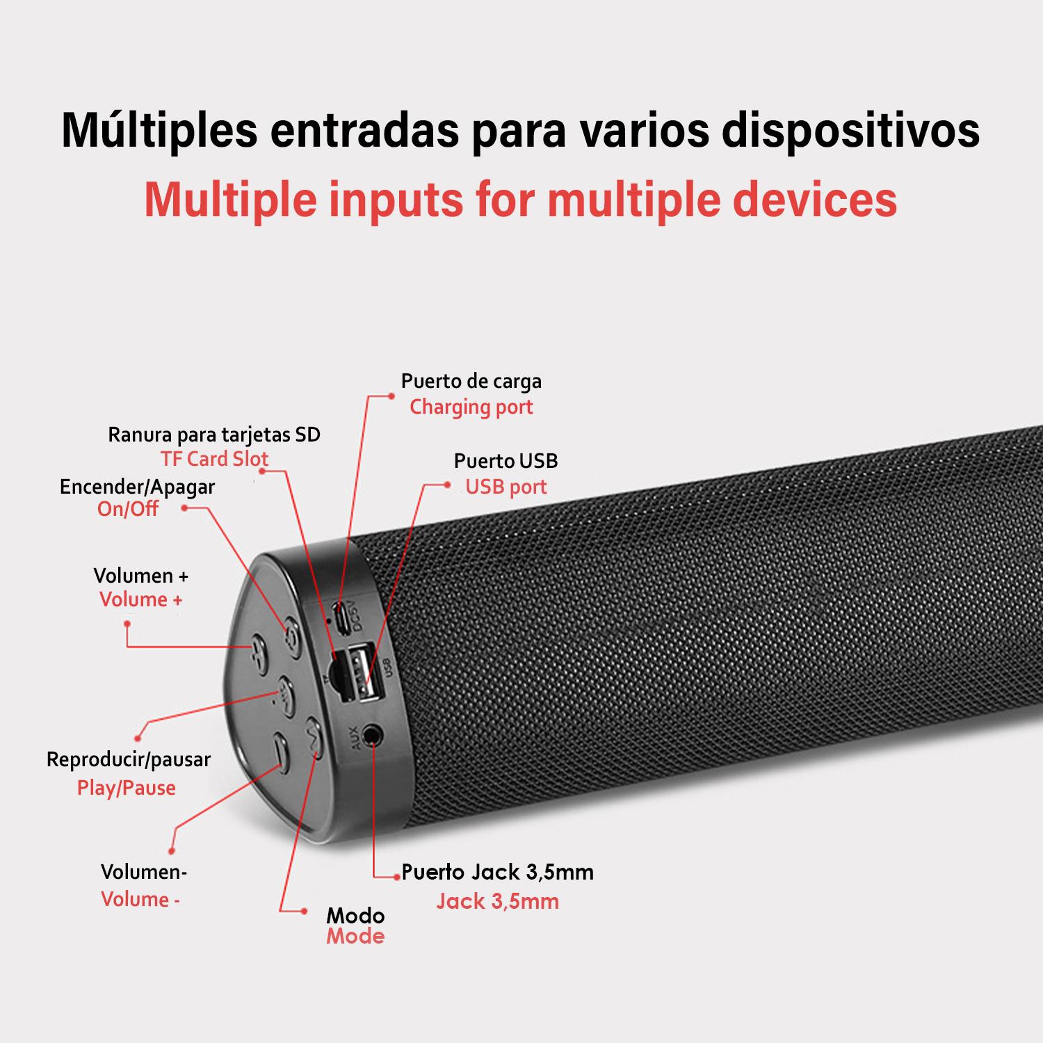 Altoparlante soundbar A500 Bluetooth 5.0, 2 altoparlanti anteriori. Ingresso USB, scheda micro SD e jack da 3,5. FM Radio.