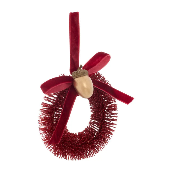 Suspension de sapin couronne de glands en plastique rouge et or D. 10 cm