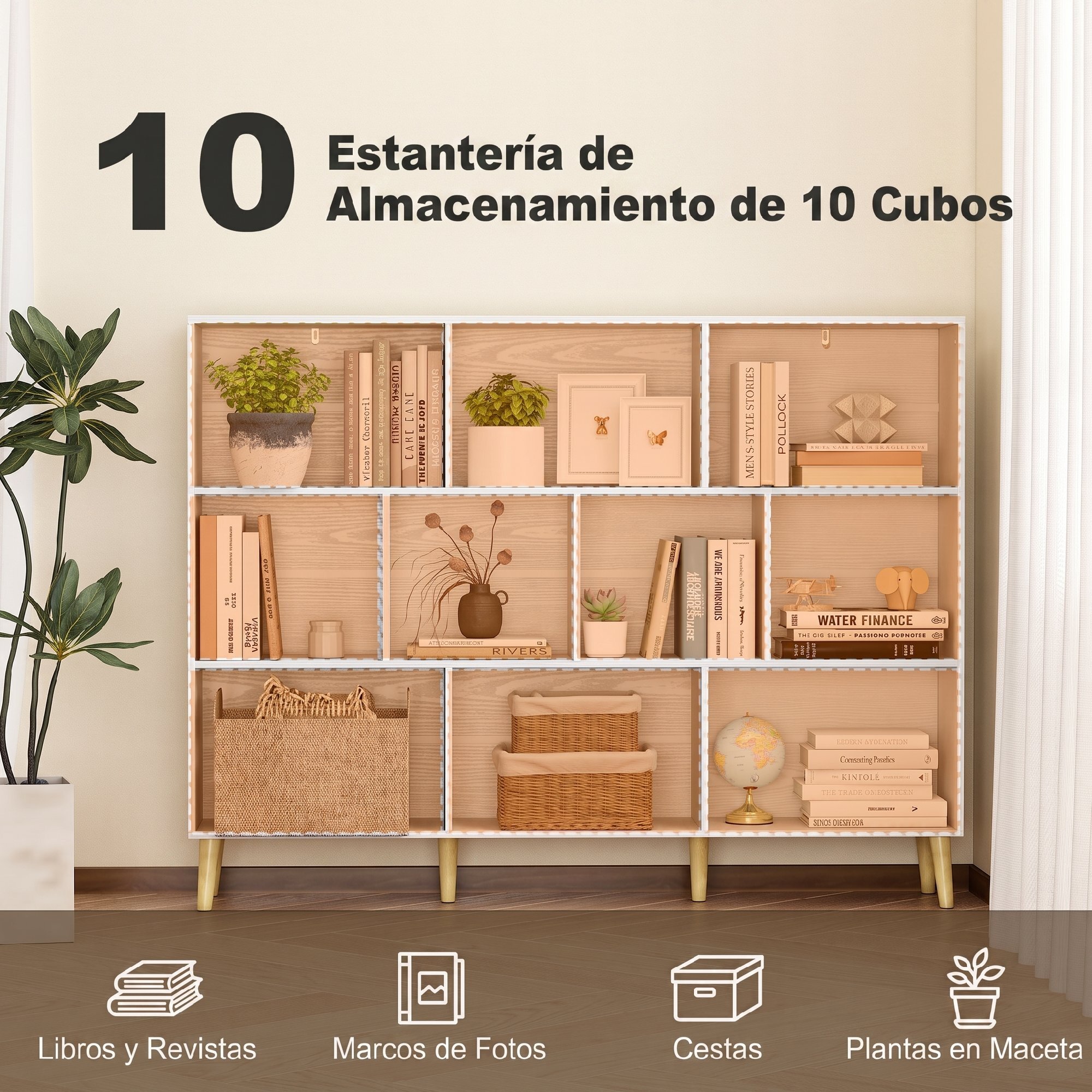 Estantería de 10 Cubos, Librería de 3 Niveles con Patas de Madera Maciza, para Dormitorio, Salón, Estudio u Oficina, 140x24x107 cm, Blanco
