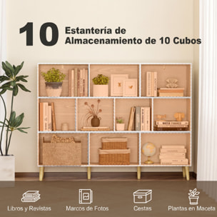 Estantería de 10 Cubos, Librería de 3 Niveles con Patas de Madera Maciza, para Dormitorio, Salón, Estudio u Oficina, 140x24x107 cm, Blanco