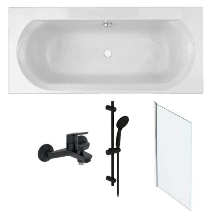 Pack baignoire droite 180 x 80 Elise + pack pommeau et mitigeur bain douche noir mat + pare bain chromé + vidage