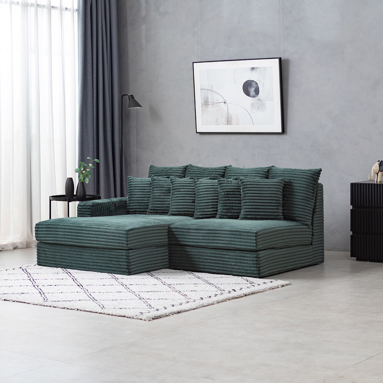 KENDARI Canapé d'angle 2/3 places assise profonde en velours côtelé vert