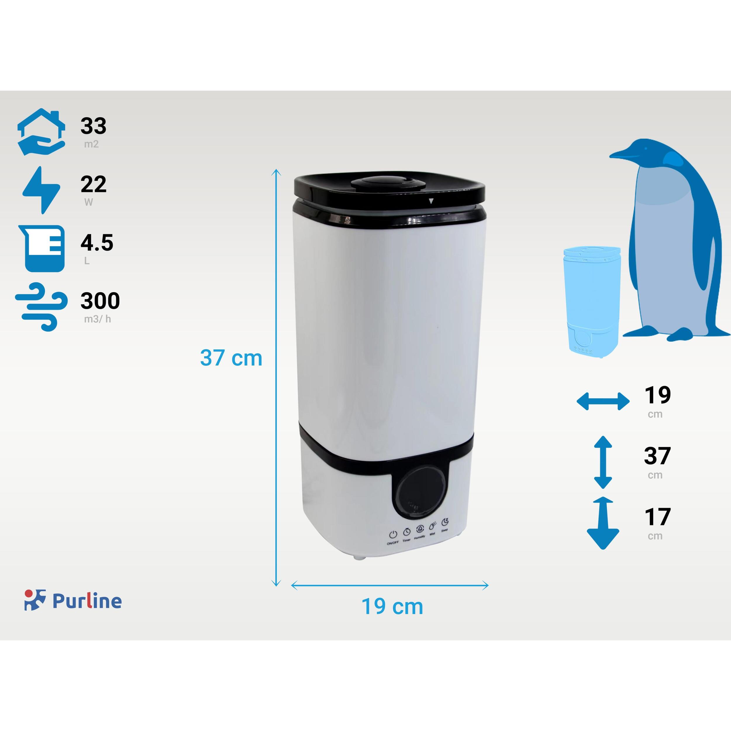 Humidificador de ultrasonidos 22W para superficies de 33m2 HYDRO 15 PURLINE