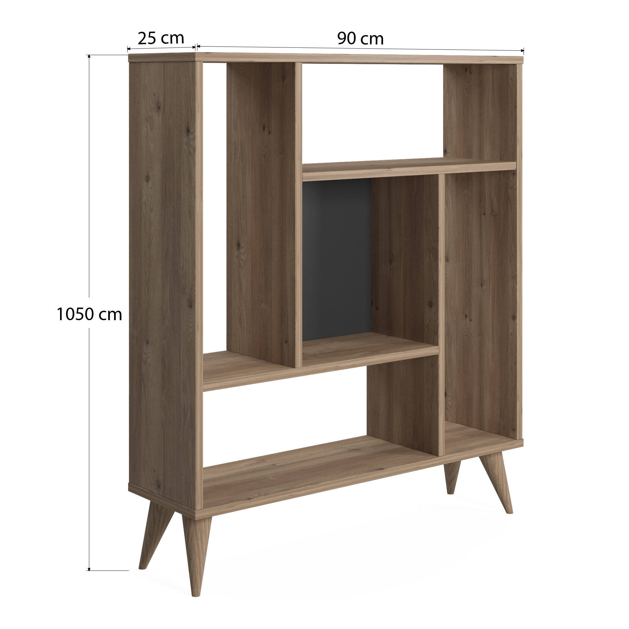 Libreria con cinque scomparti, cm 90 x 25 x 105, colore quercia