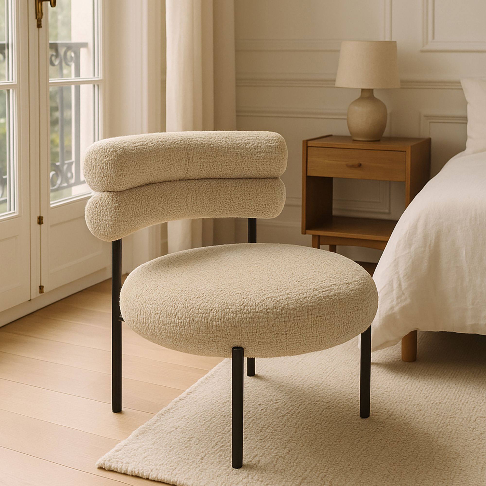 Fauteuil lounge en tweed beige avec pieds en métal noir GINA